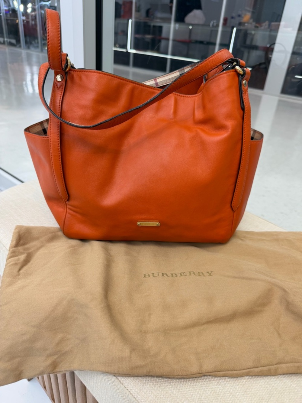 Burberry Orange Leather Shoulder Hobo with Plaid Trim with dusty bag - Picture 1 of 7